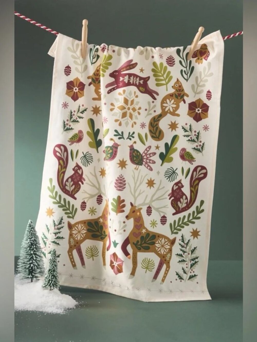 Anthropologie Forest Folk Cotton Dish Towel Christmas